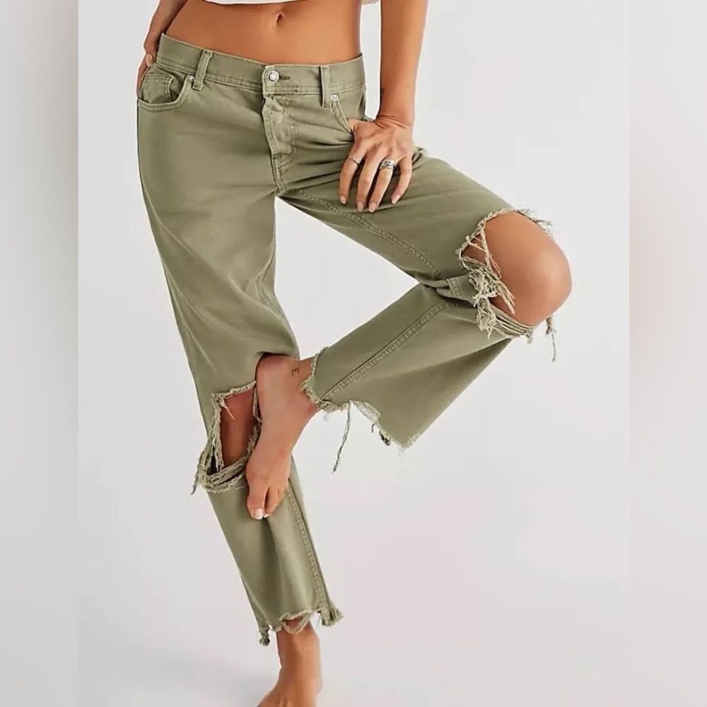 Free People Olive Maggie Mid-Rise Straight Jeans
